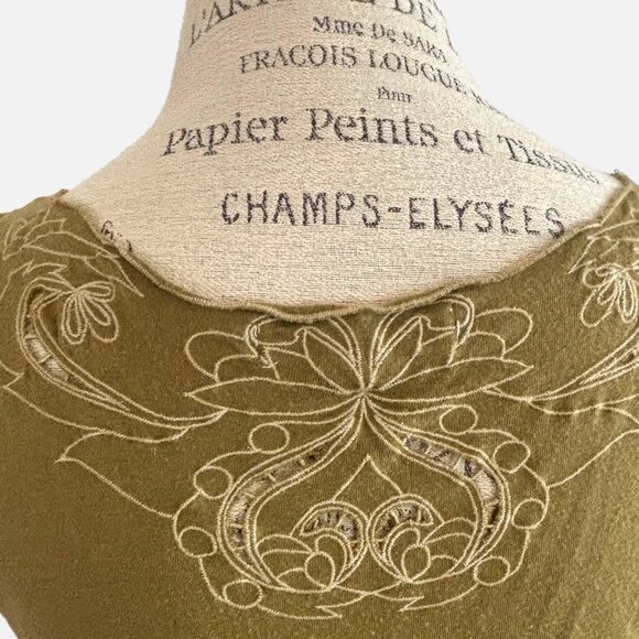 Boho Olive Green Embroidered Mini Dress - Sleeveless, Smocked Waist- M - Picture 10 of 11